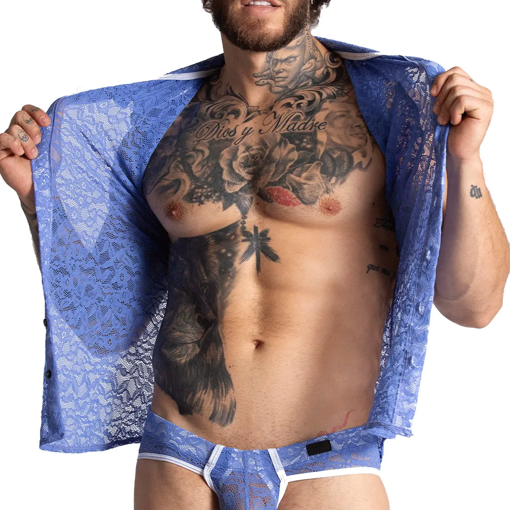 PARADISE BLUE SHIRT - Men's Blue Lace Shirt, Guayabera Shirt, Beach Shirt, Beach Shirt