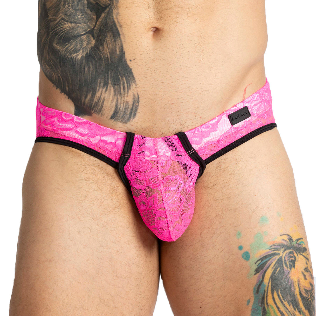 PARADISE FUCSHIA BRIEF JOCK - Men's underwear in fucshia lace, sexy men's jockstrap with cup for enhancement