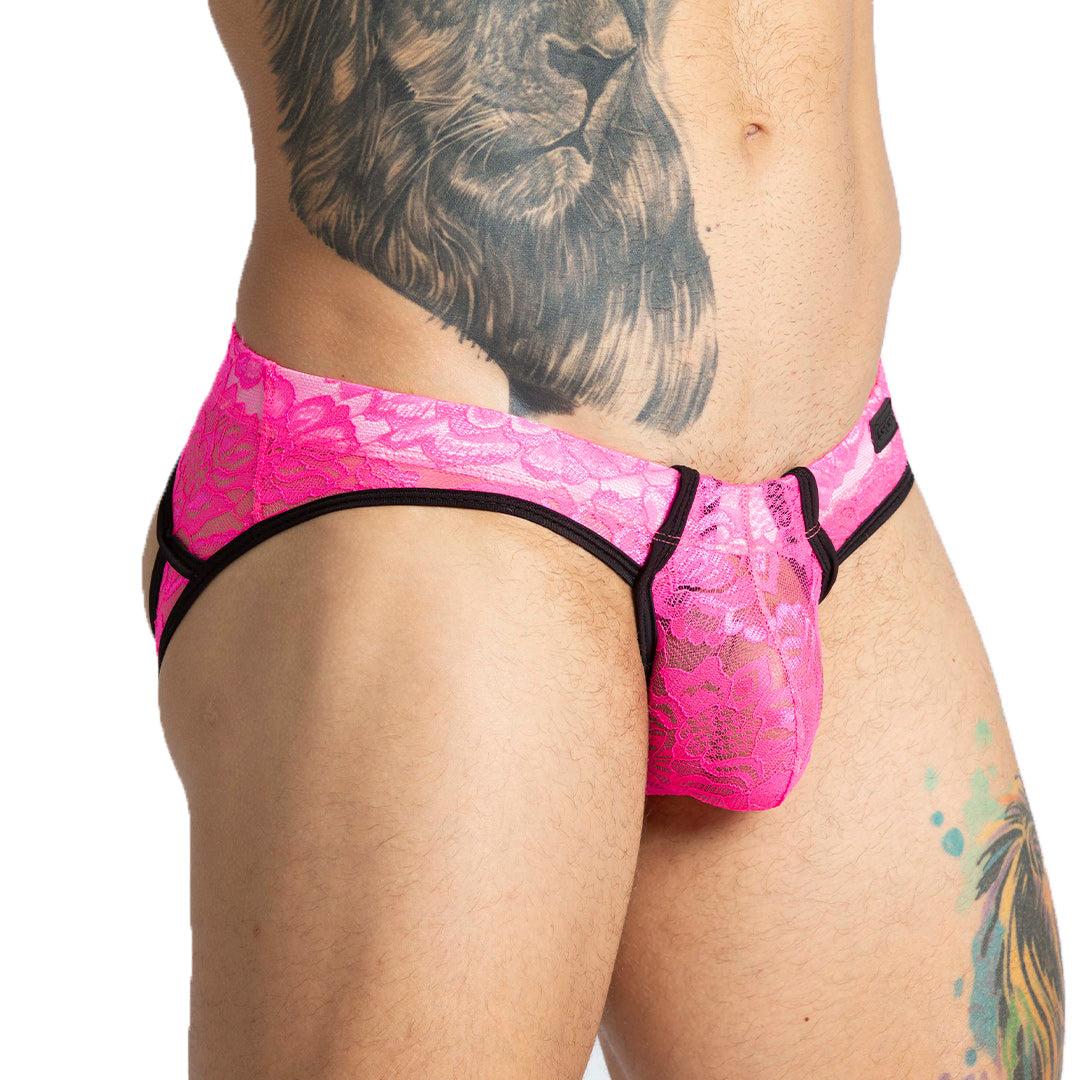 PARADISE FUCSHIA BRIEF JOCK - Men's underwear in fucshia lace, sexy men's jockstrap with cup for enhancement