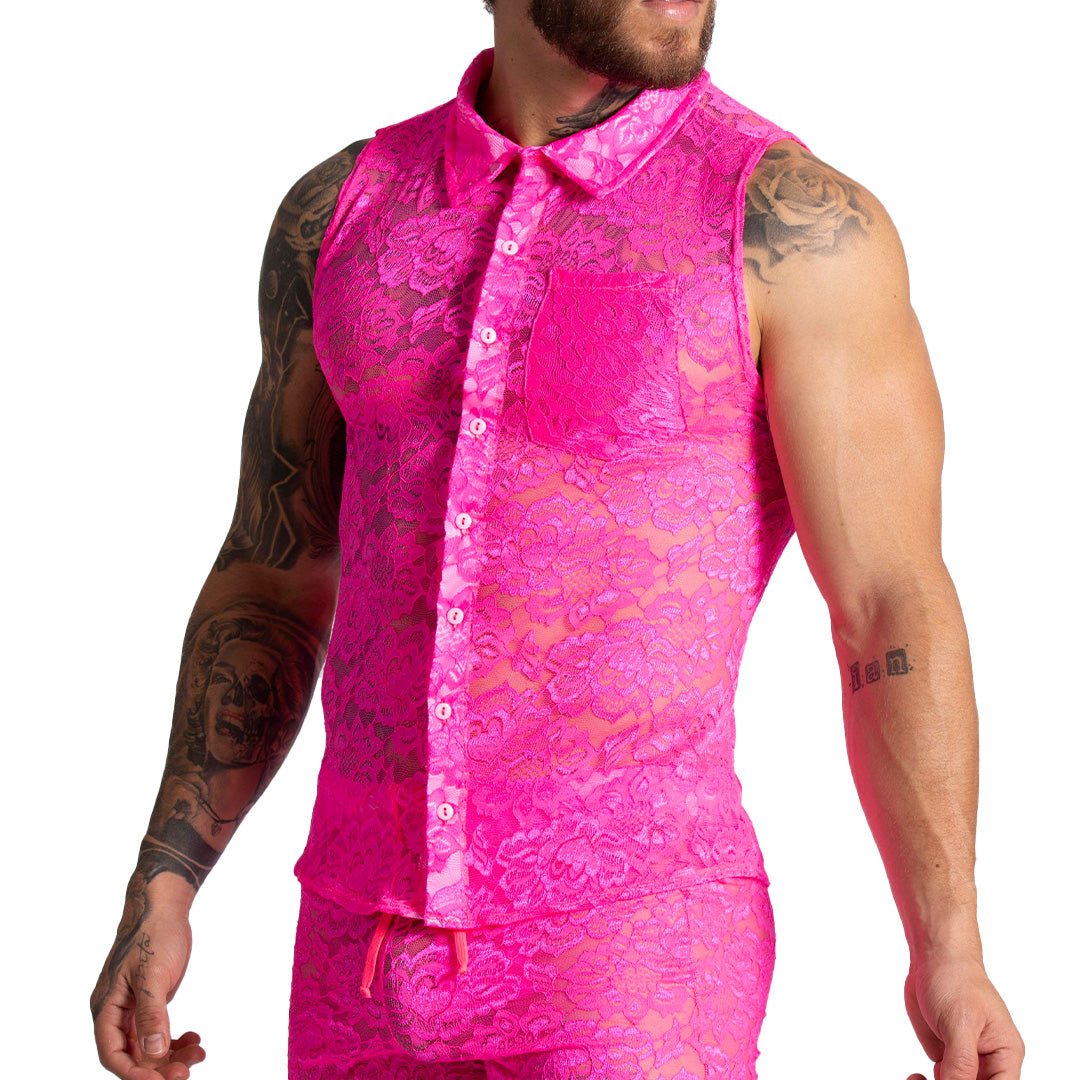 PARADISE FUCSHIA SHIRT - Men's fuchsia lace shirt, Guayabera shirt, Beach shirt