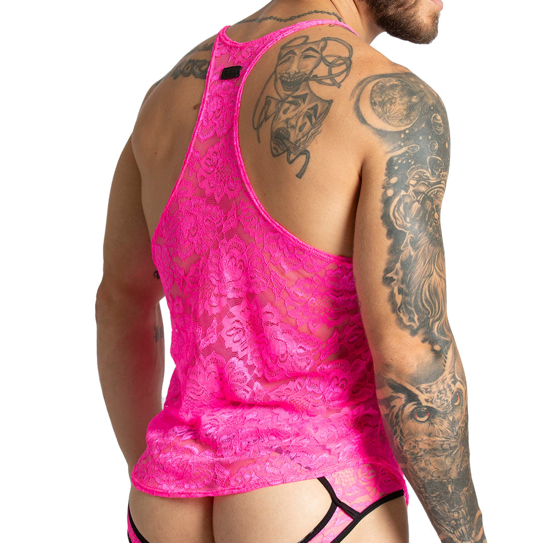PARADISE FUCSHIA TANK - Sexy fucshia lace t-shirt for men, sleeveless chemise