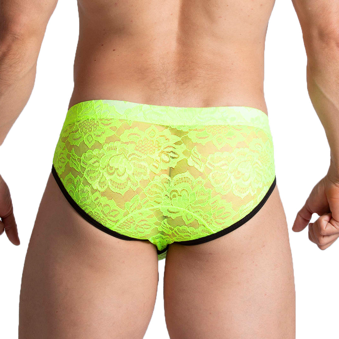 PARADISE YELLOW BRIEF - Men's underwear in yellow lace with cup that allows for enhancement