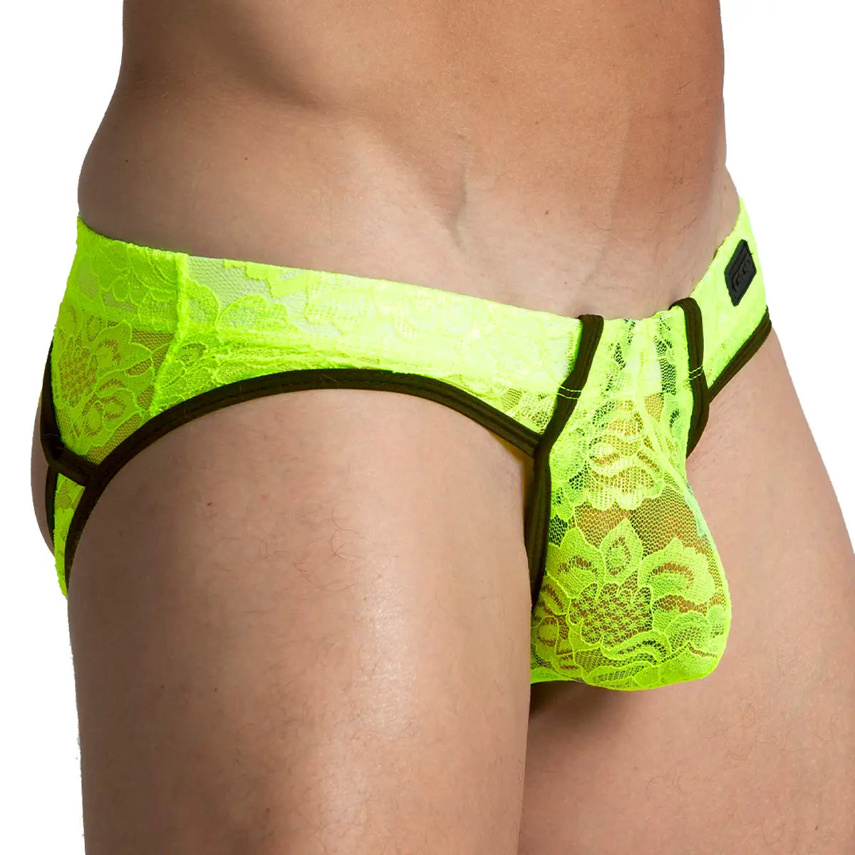 PARADISE YELLOW BRIEF JOCK - Men's underwear in yellow lace, sexy men's jockstrap with cup for enhancement