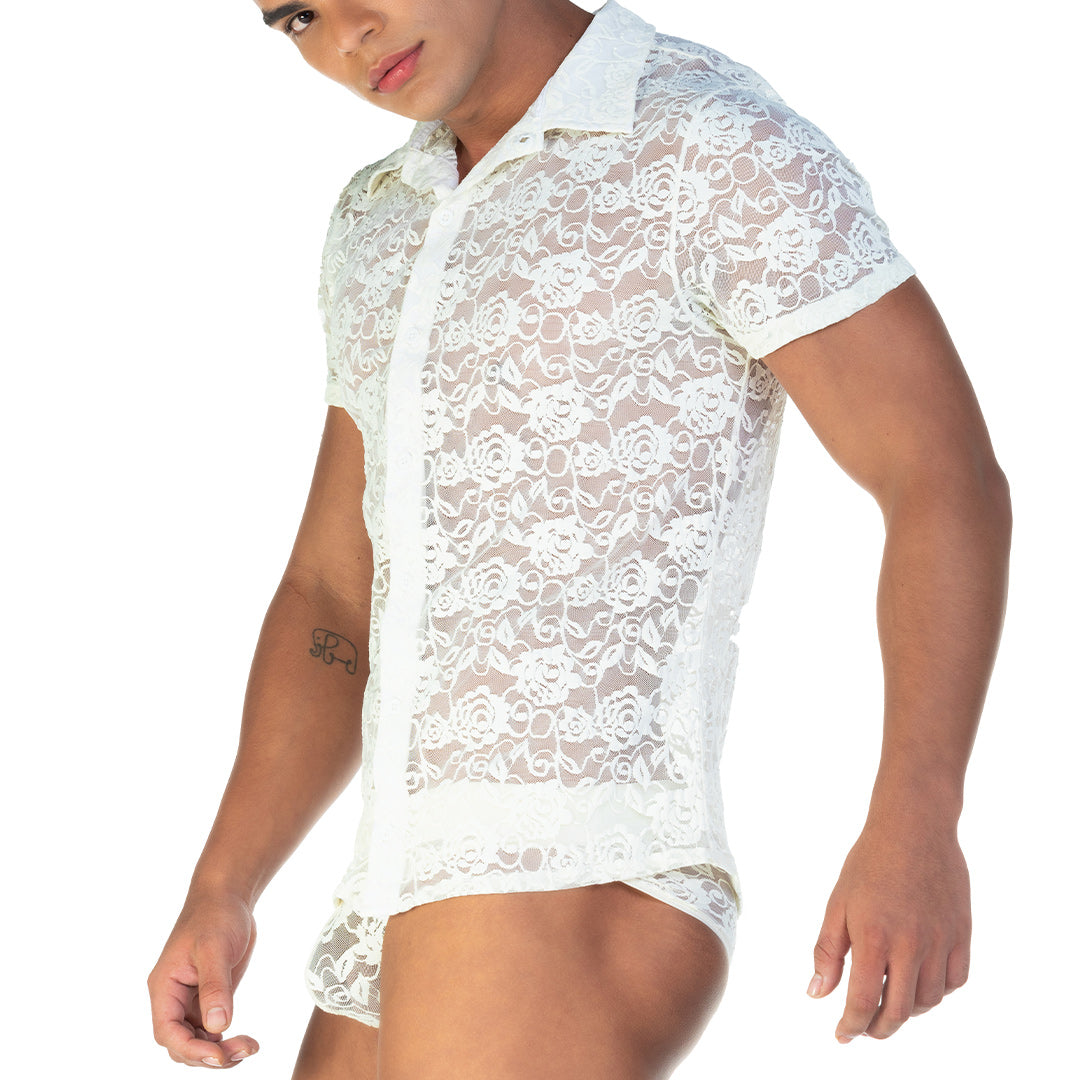 REDEMOTION BEIGE SHIRT - Men's Beige Lace Shirt, Guayabera Shirt, Beach Shirt, Beach Shirt
