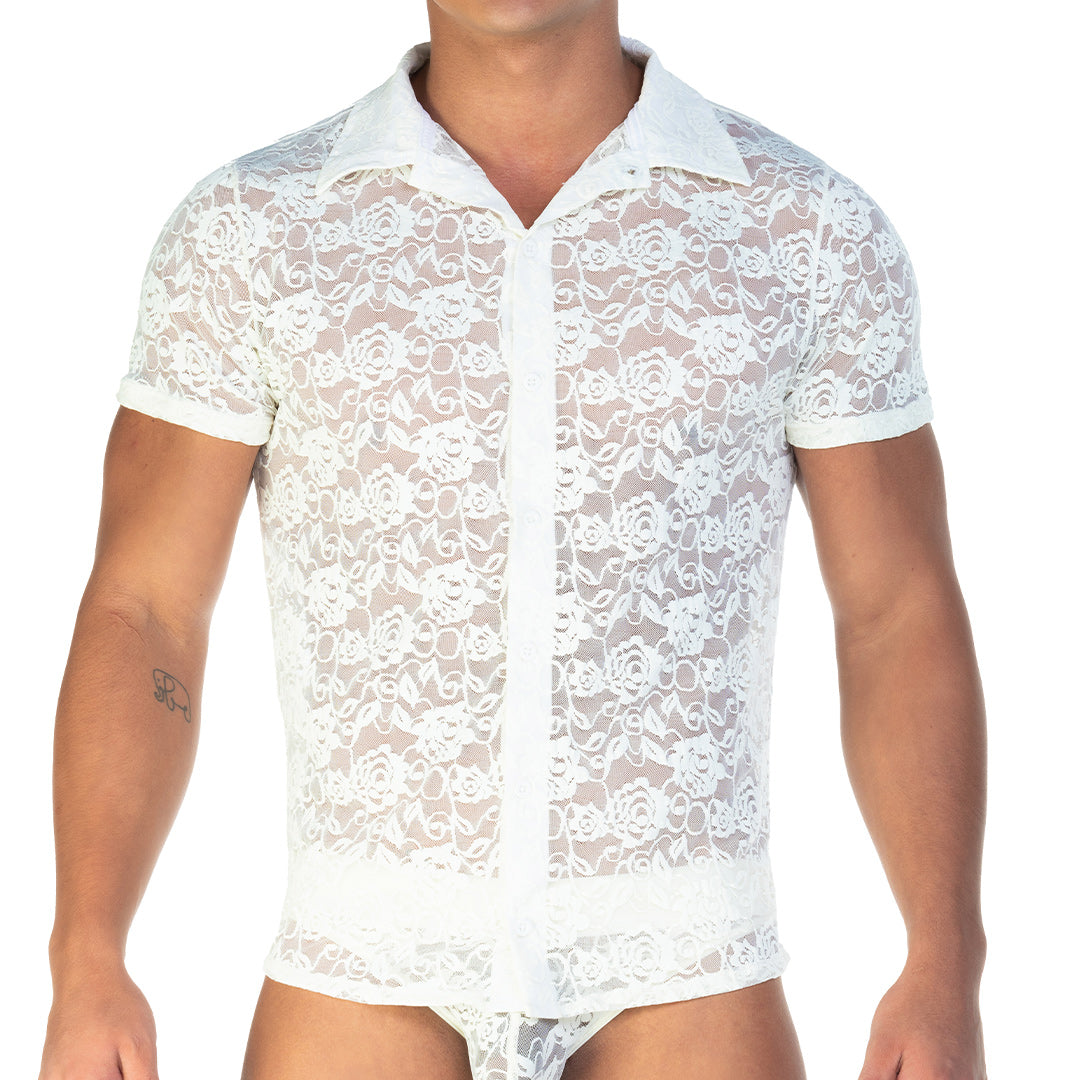 REDEMOTION BEIGE SHIRT - Men's Beige Lace Shirt, Guayabera Shirt, Beach Shirt, Beach Shirt