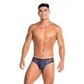 Dark blue lace gigo rose black brief with subtle floral pattern and black trim for stylish comfort