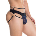 Black lace thong gigo rose jockstrap with silver metal rings and sheer floral pattern shown from the back side