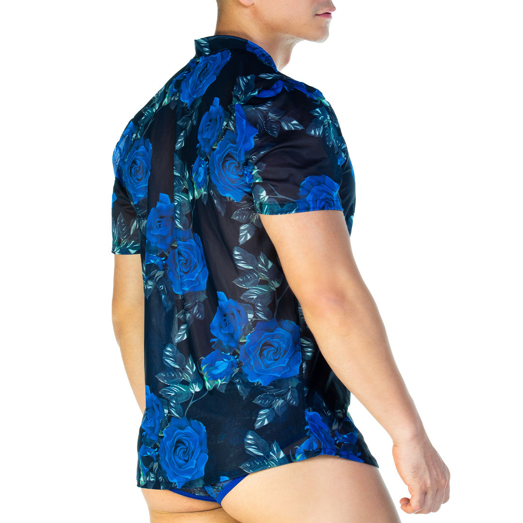 ROSE BLUE SHIRT - Men's Printed Shirt, Guayabera Shirt, Beach Shirt, Beach Shirt