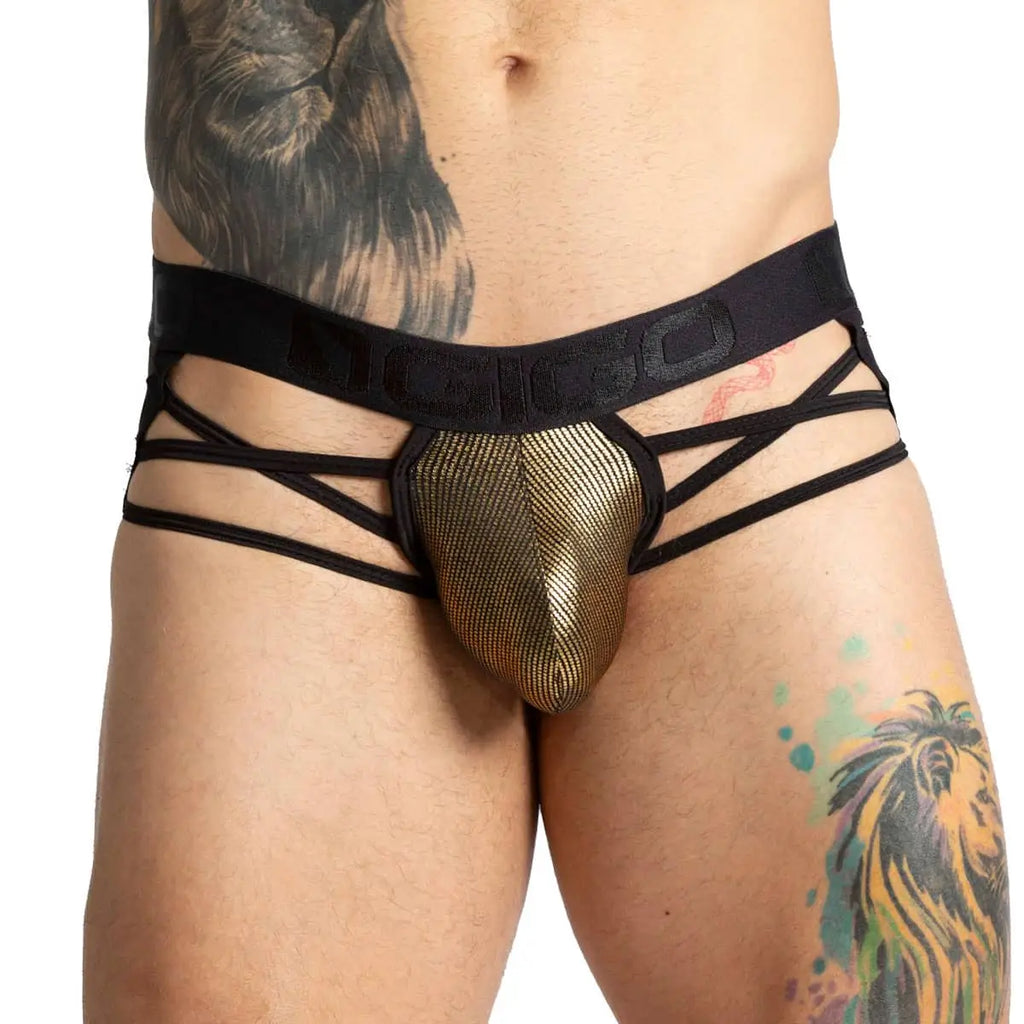 SHINESE BRIEF JOCK - Gold underwear for men, sexy jockstrap for men with cup that allows enhancement with cup that allows enhancement. Golden thong