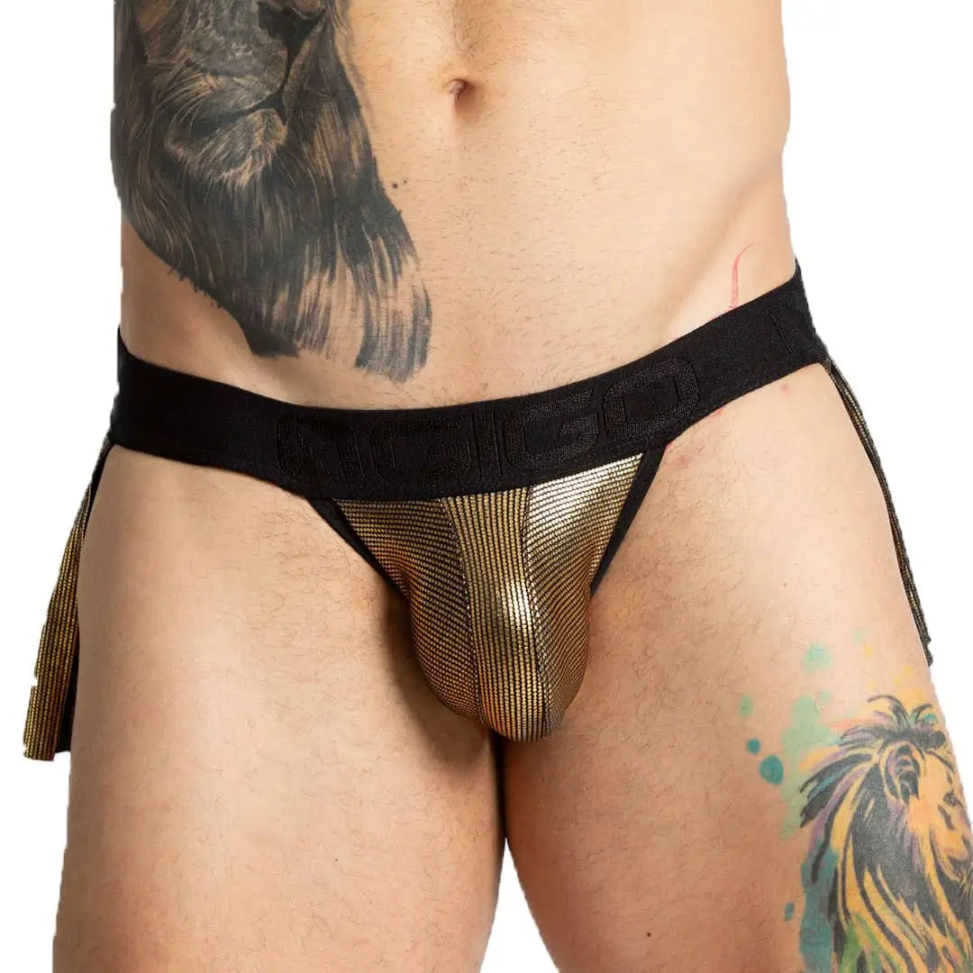 SHINESE JOCK - Gold underwear for men combined with imitation skirt, sexy men's jockstrap with cup that allows for enhancement