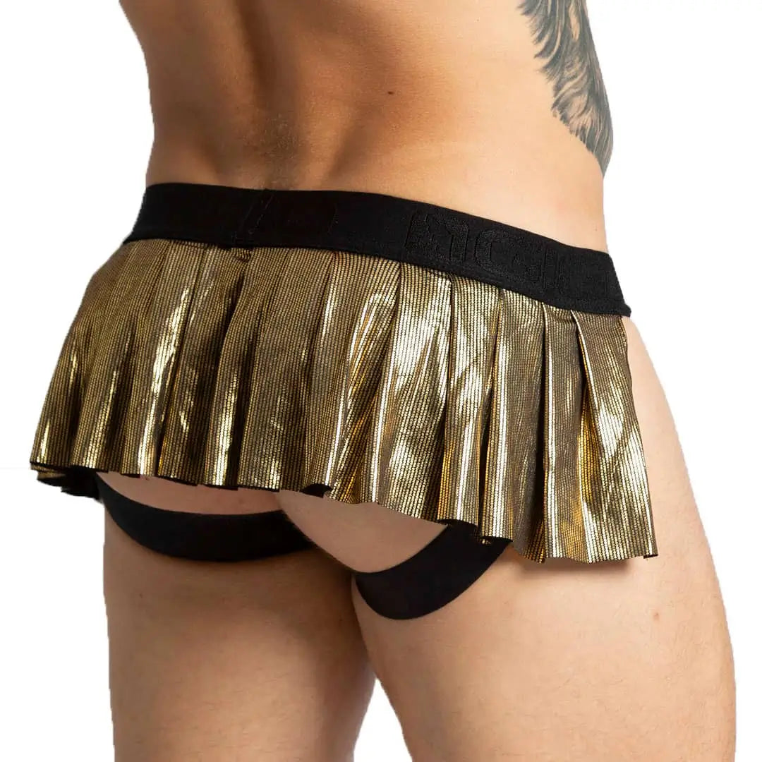 SHINESE JOCK - Gold underwear for men combined with imitation skirt, sexy men's jockstrap with cup that allows for enhancement