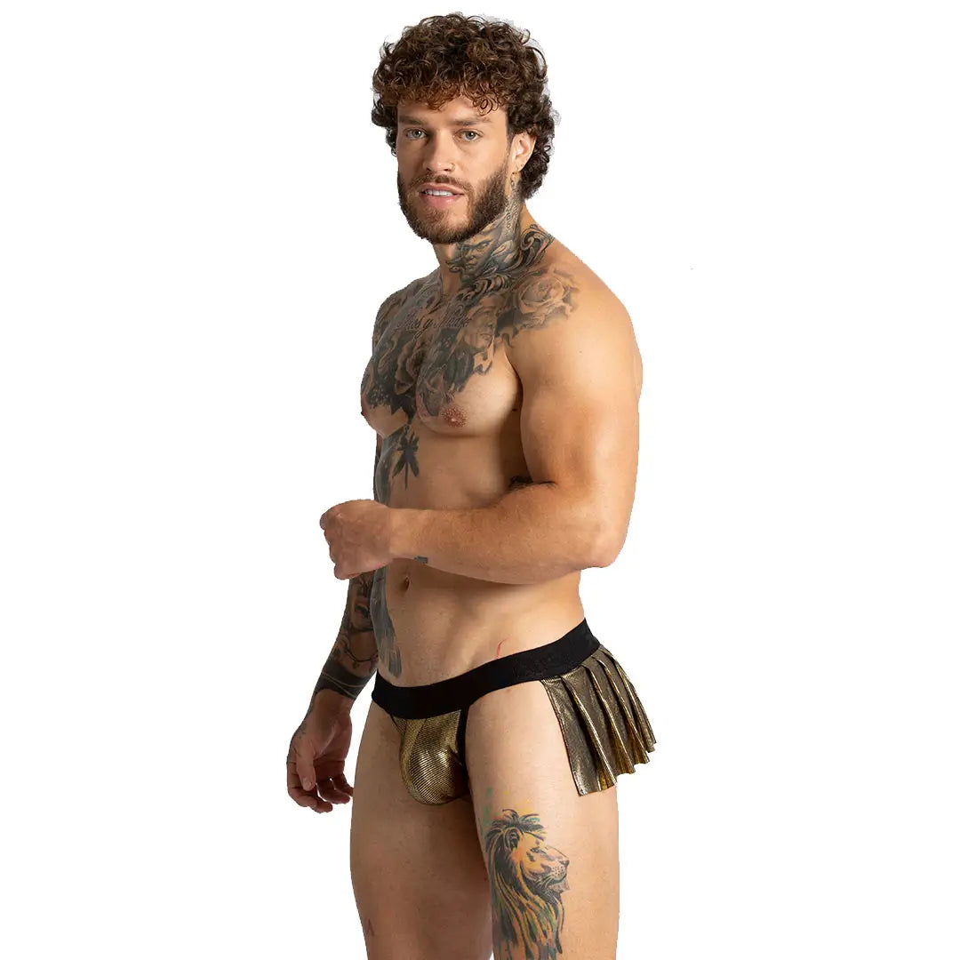 SHINESE JOCK - Gold underwear for men combined with imitation skirt, sexy men's jockstrap with cup that allows for enhancement