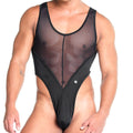 Gigo Skin black one-piece swimsuit with sheer mesh and solid fabric, plunging neckline, and high-cut legs