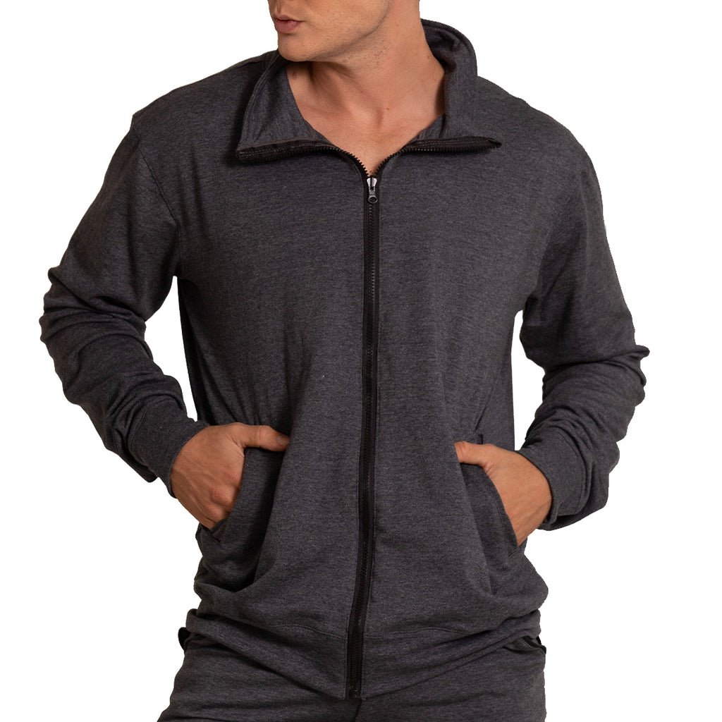 Gigo sport jacket dark gray heathered zip-up hoodie with black zipper and ribbed cuffs in soft fabric