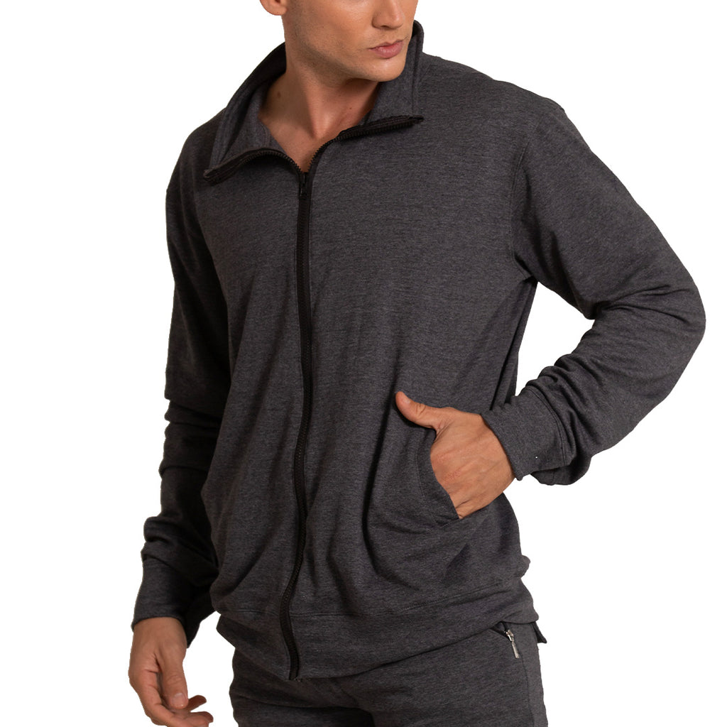 Dark heather gray gigo sport jacket zip-up hoodie with stand collar and side pockets for casual wear