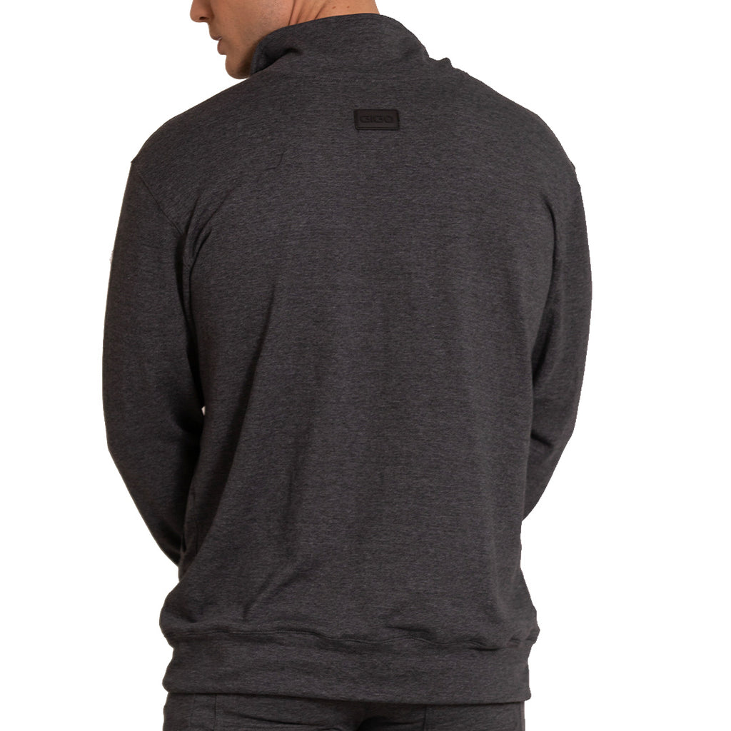 Dark heather gray Gigo sport jacket zip-up sweatshirt with subtle textured fabric and black brand patch at neckline