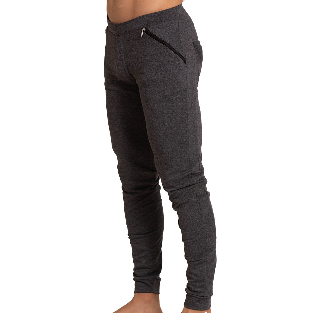 Dark gray heathered gigo sport sportpants with black zipper pocket on the side made from comfortable fabric
