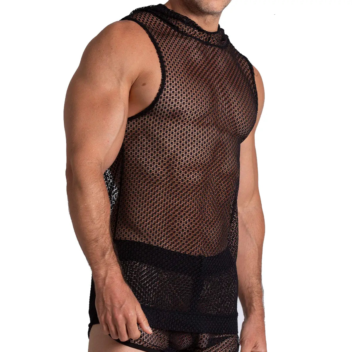 Black mesh sleeveless gigo striking hoody tshirt with high neckline and solid black trim along edges