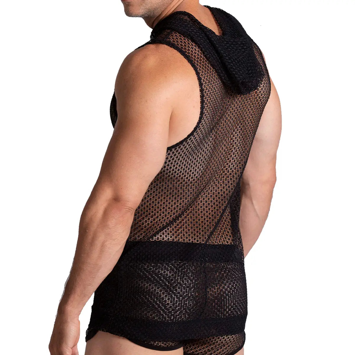 Black mesh hooded tank top gigo striking hoody tshirt with snug fit and reinforced waistband