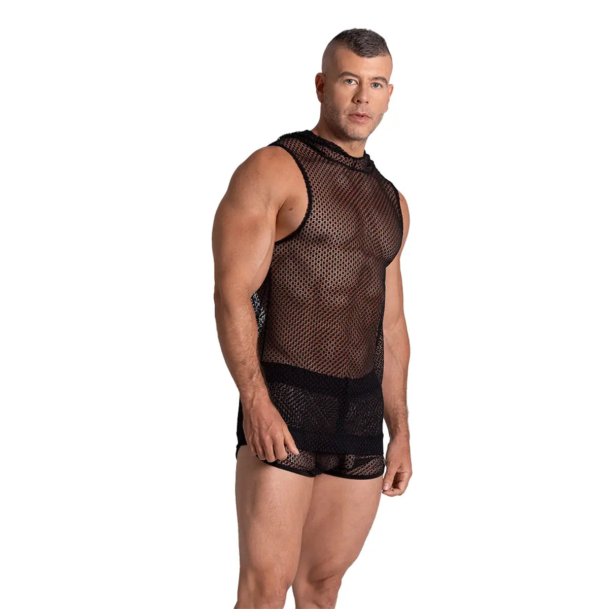 Black mesh sleeveless gigo striking hoody tshirt with high neckline and solid black trim along waistband