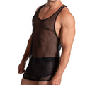 Black mesh gigo striking tank top with fitted form fitting design for a sleek and breathable look