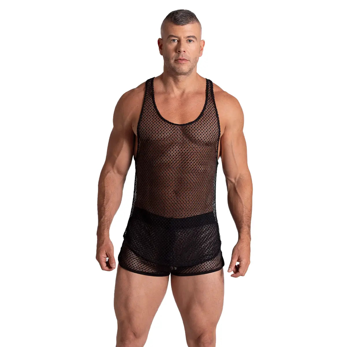 STRIKING TANK - Sexy black mesh t-shirt for men, sleeveless shirt