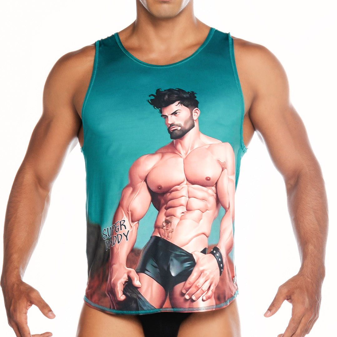 SUPER DADDY BLUE TANK - Sexy printed t-shirt for men, sleeveless t-shirt