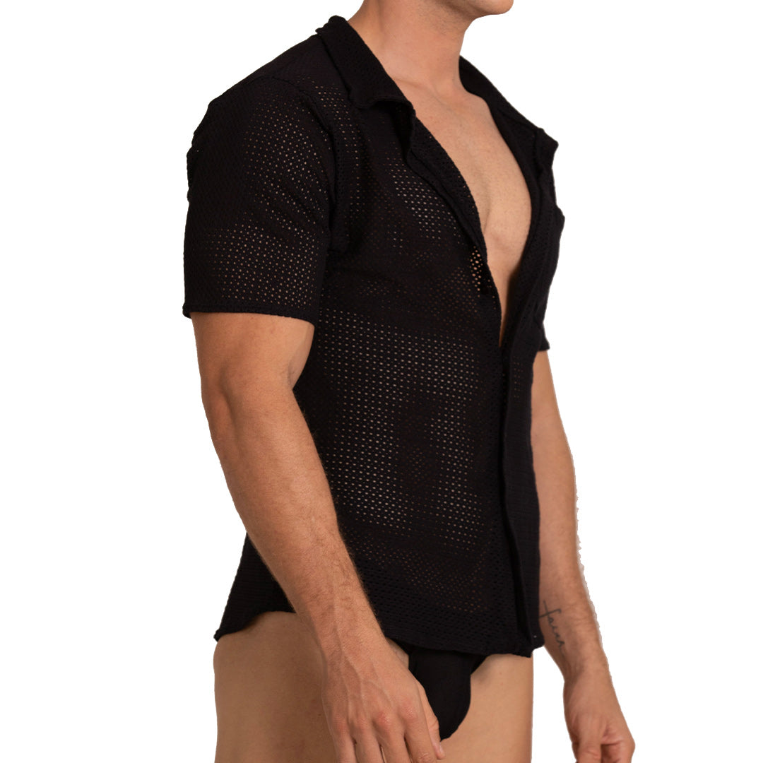 TRAMELL SHIRT - Men's Black Mesh Shirt, Guayabera Shirt, Beach Shirt, Beach Shirt
