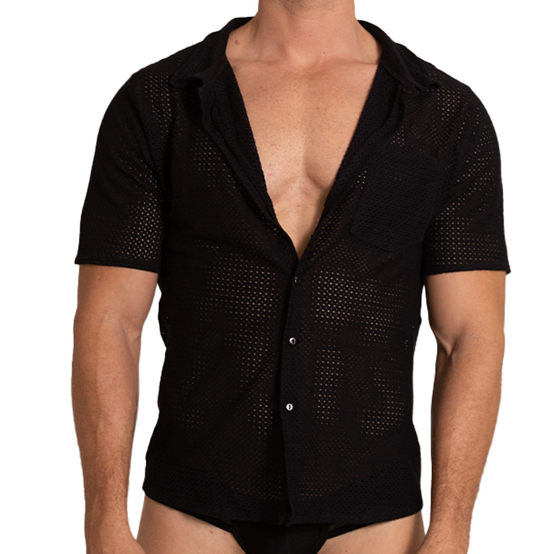 TRAMELL SHIRT - Men's Black Mesh Shirt, Guayabera Shirt, Beach Shirt, Beach Shirt