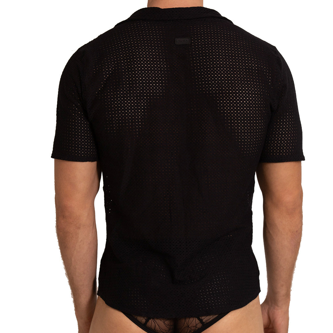 TRAMELL SHIRT - Men's Black Mesh Shirt, Guayabera Shirt, Beach Shirt, Beach Shirt