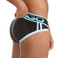 Black mesh gigo versatil blue brief with light blue and white trim and bold igo logo on waistband