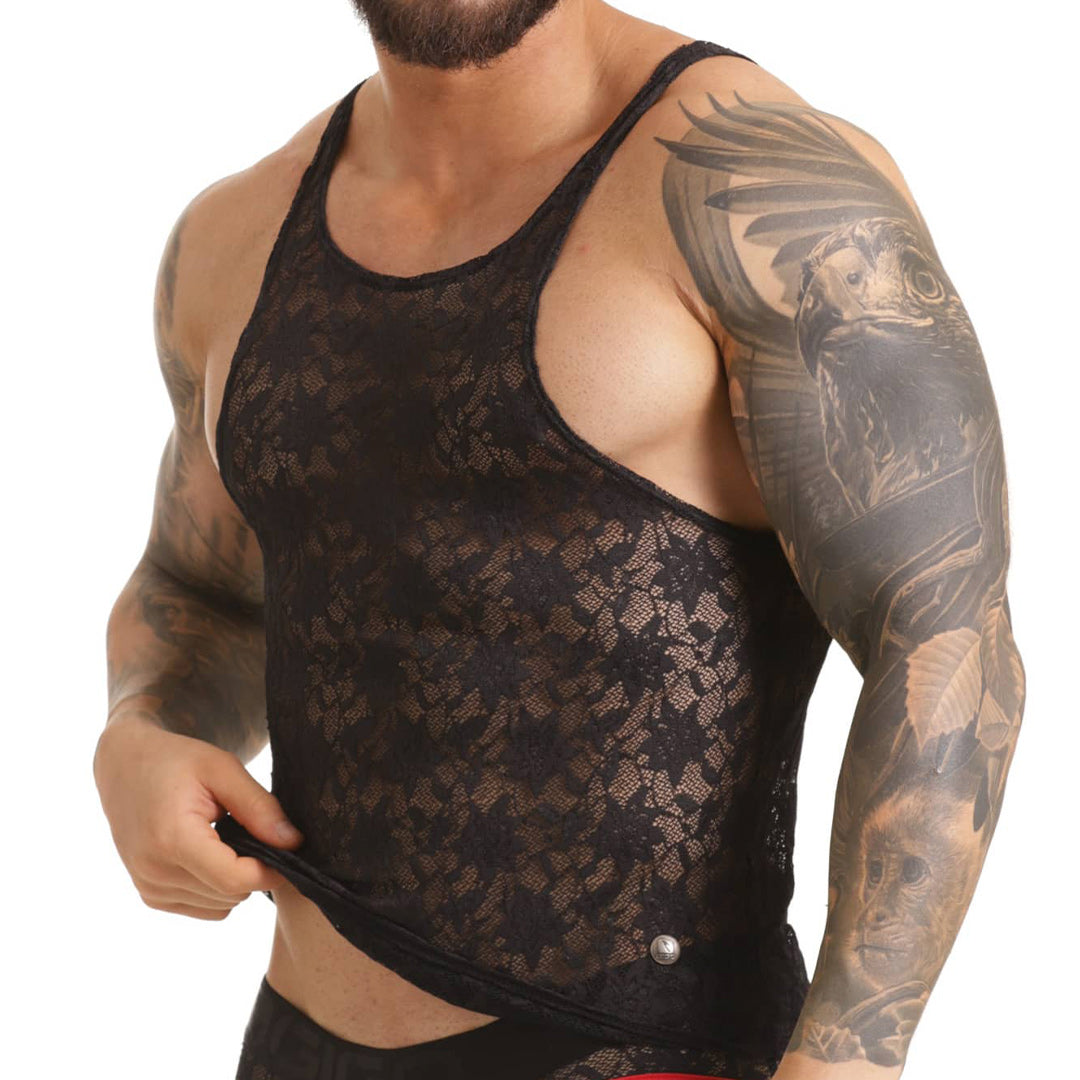 VIBRANT BLACK TANK - Sexy black lace t-shirt for men, sleeveless chemise