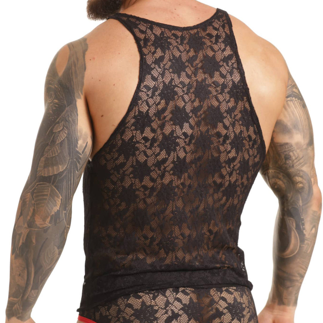 VIBRANT BLACK TANK - Sexy black lace t-shirt for men, sleeveless chemise