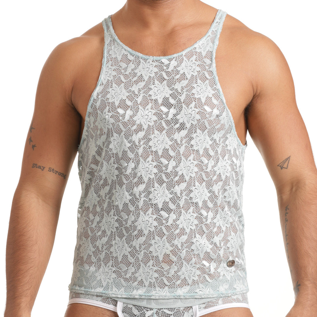 VIBRANT BLUE TANK - Sexy blue lace t-shirt for men, sleeveless chemise