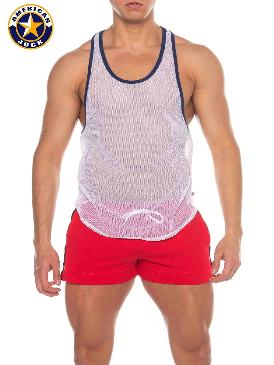 Men's white mesh tank top with navy trim worn by a model paired with red shorts by AMERICAN JOCK.