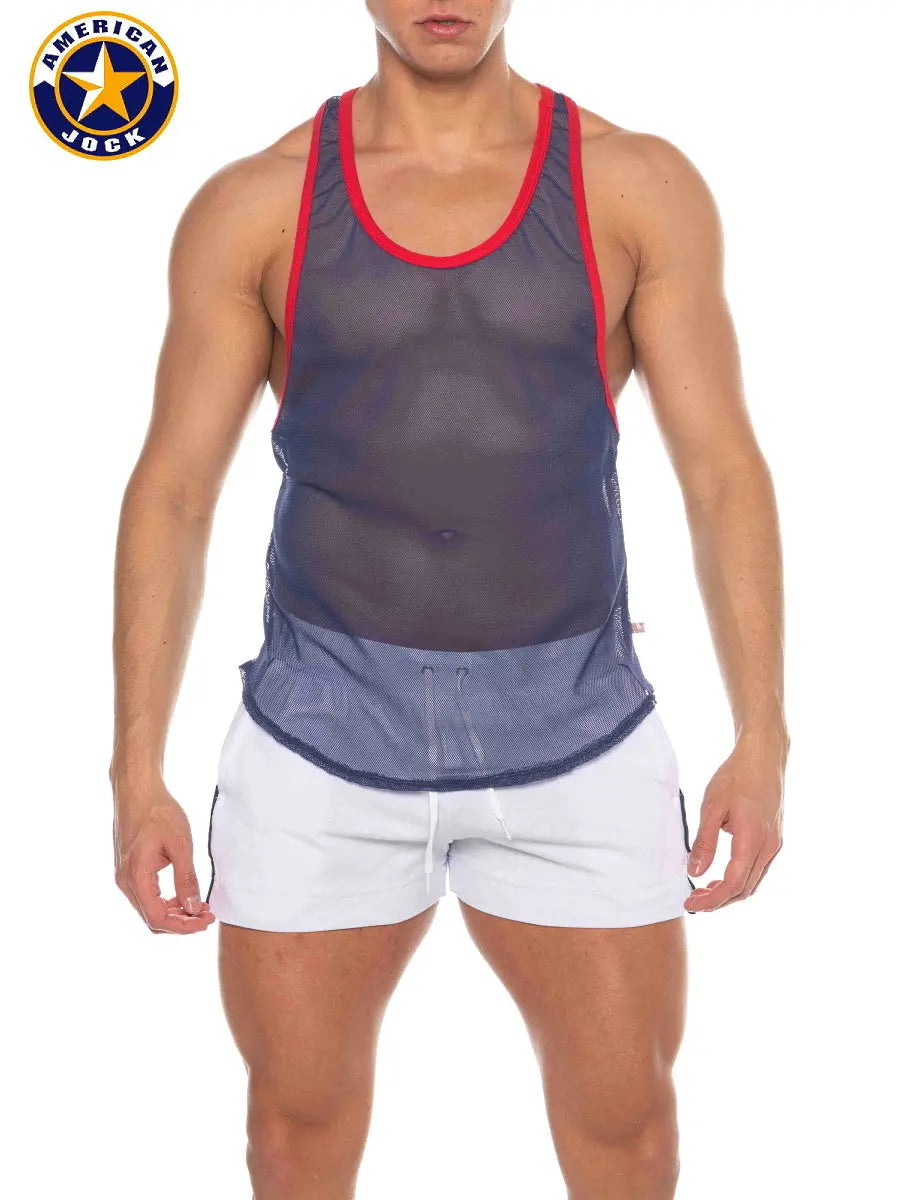Navy mesh tank top with red trim featuring a scoop neckline and drawstring hem worn by a model by AMERICAN JOCK.
