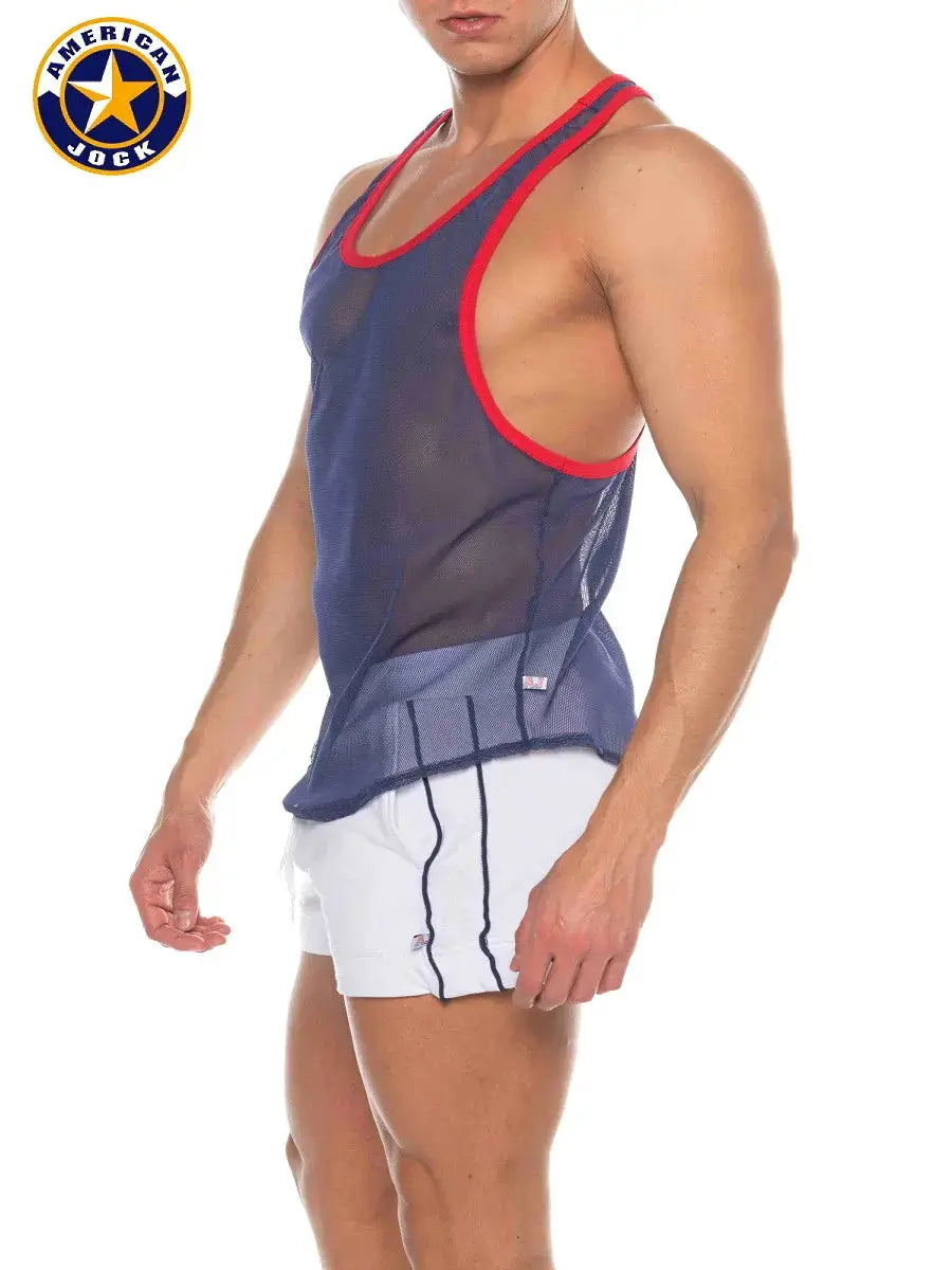 Navy mesh tank top with red trim featuring a sleeveless design worn by a model by AMERICAN JOCK.