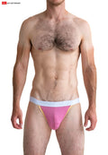 Pink and white athletic briefs with gold trim designed as the front view of the Gold Coast jockstrap