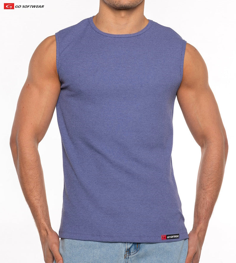 Gold Coast sleeveless tee is a men’s medium blue ribbed knit top with a round neckline and go softwear label at hem
