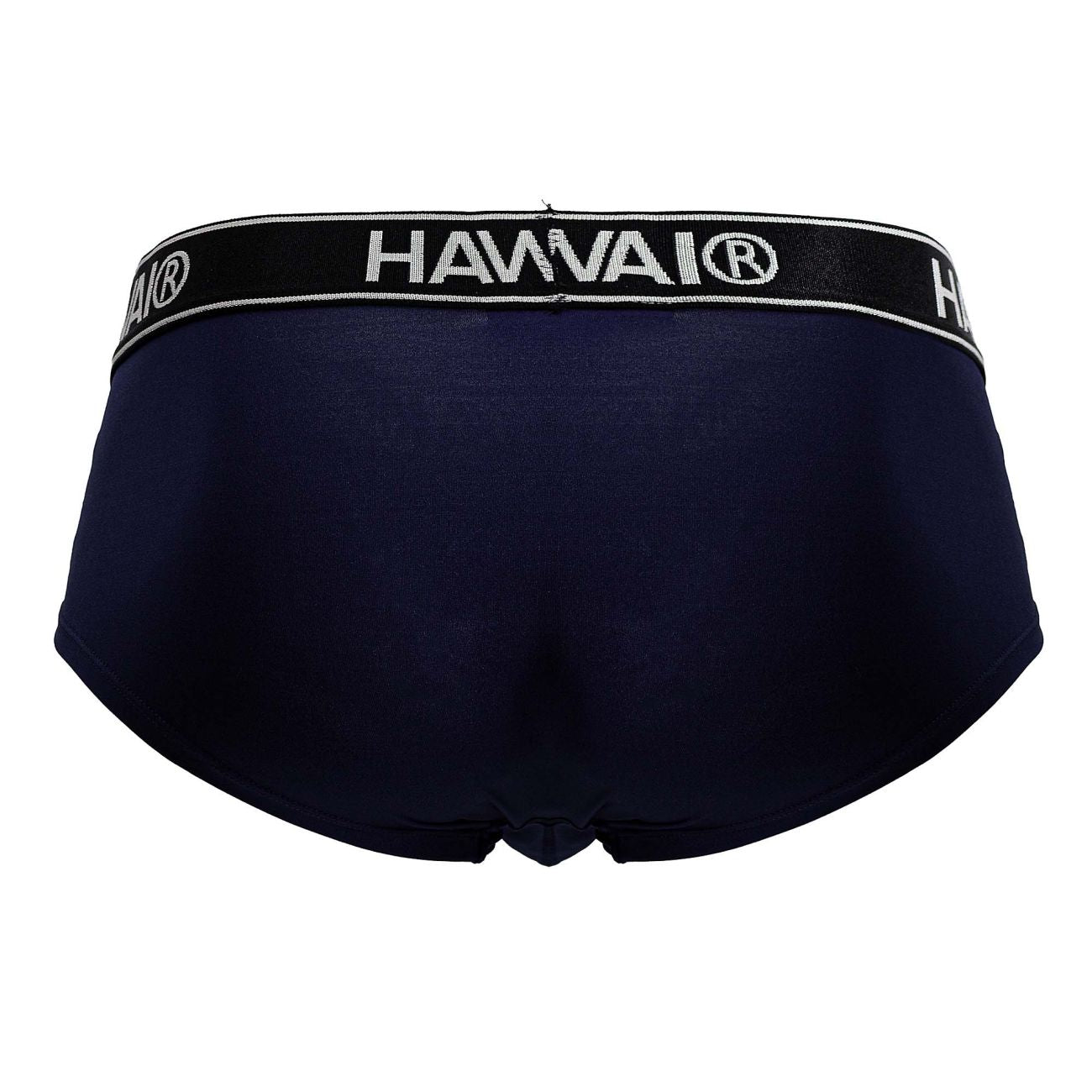 Navy blue Hawai 41961 microfiber briefs with black elastic waistband featuring white embroidered lettering