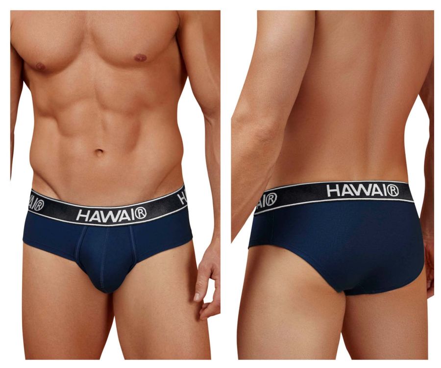 Navy blue Hawai 41962 cotton blend briefs with a black elastic waistband featuring white lettering in dark blue