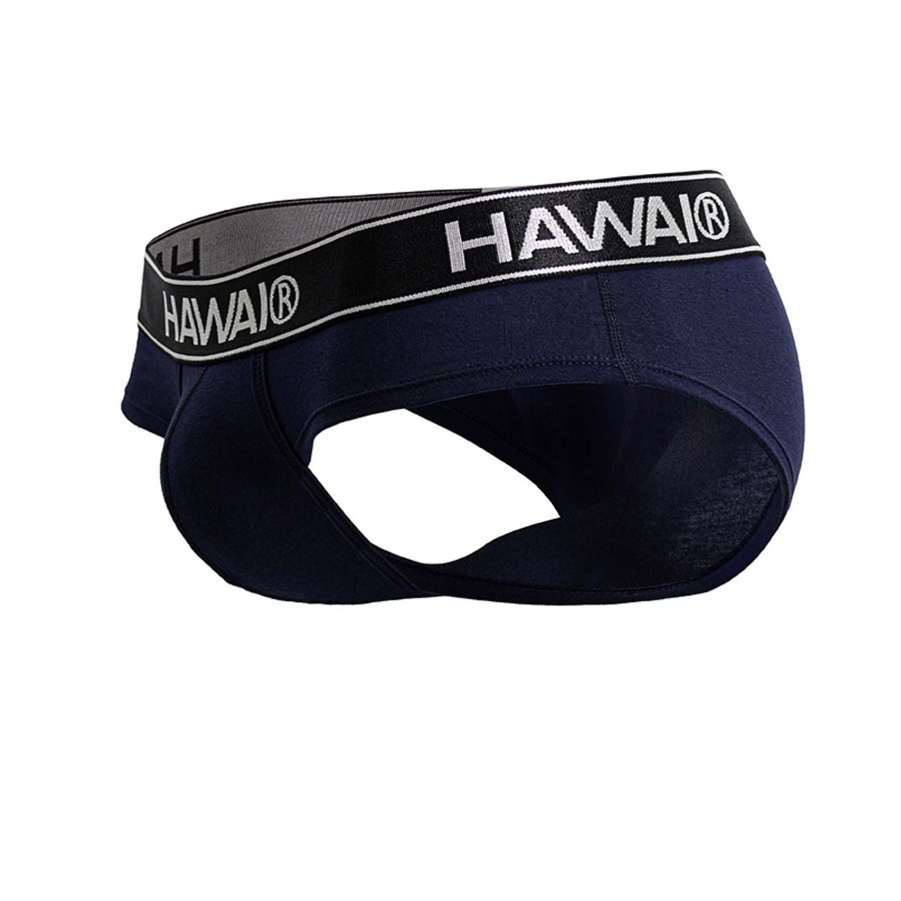 Navy blue Hawai 41962 cotton blend briefs with black and white elastic waistband showing front side