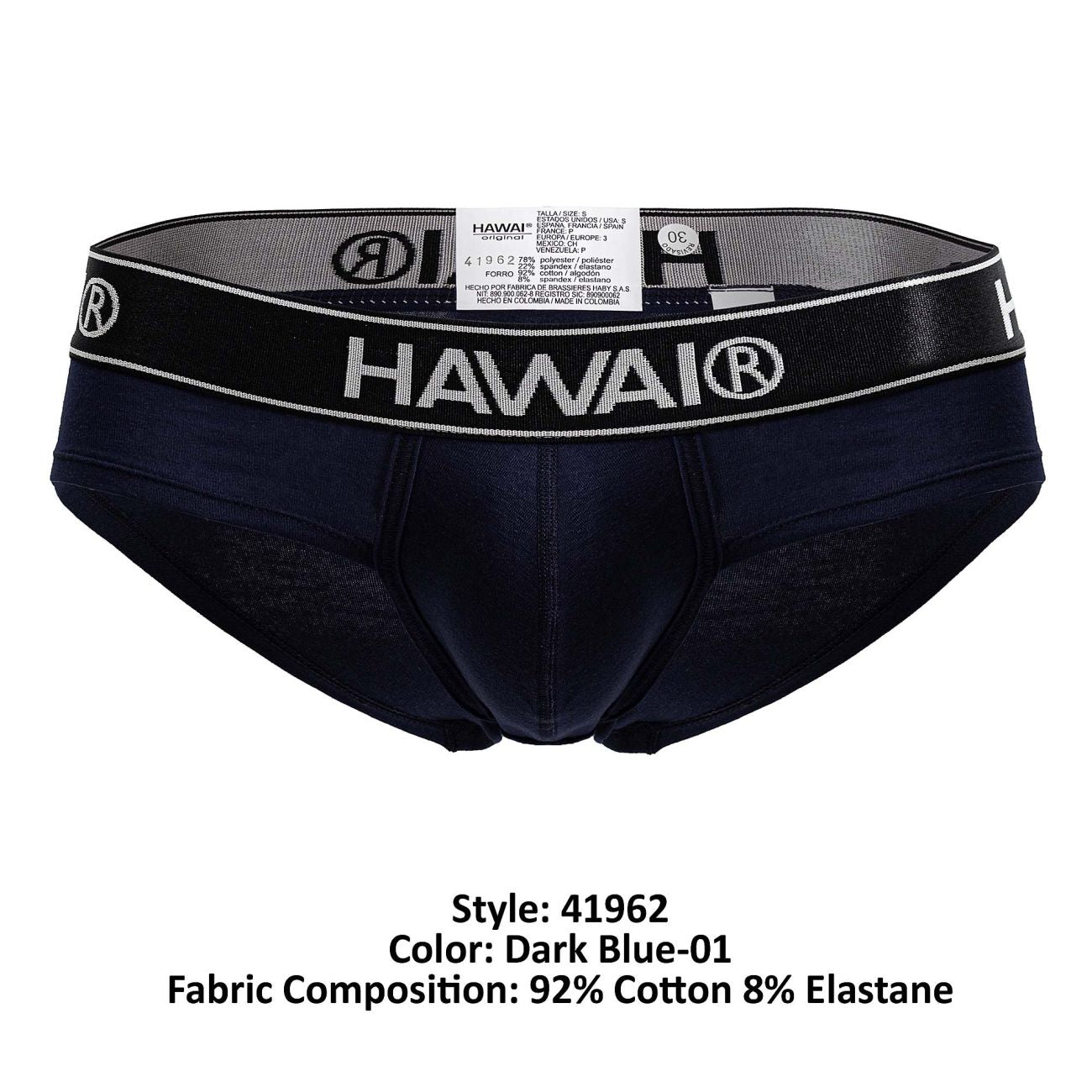 Dark blue Hawai 41962 men’s cotton blend briefs with black waistband featuring white lettering and logo
