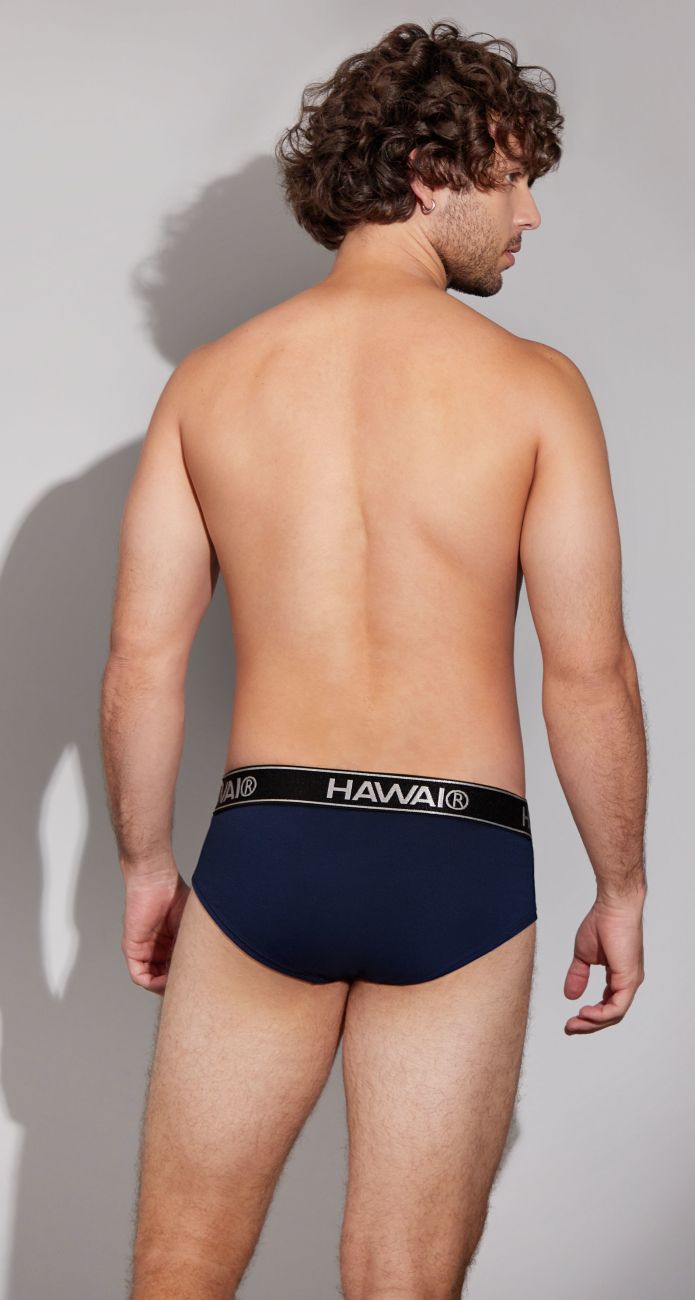 Navy blue Havai cotton blend briefs with black elastic waistband and white Havai brand name lettering