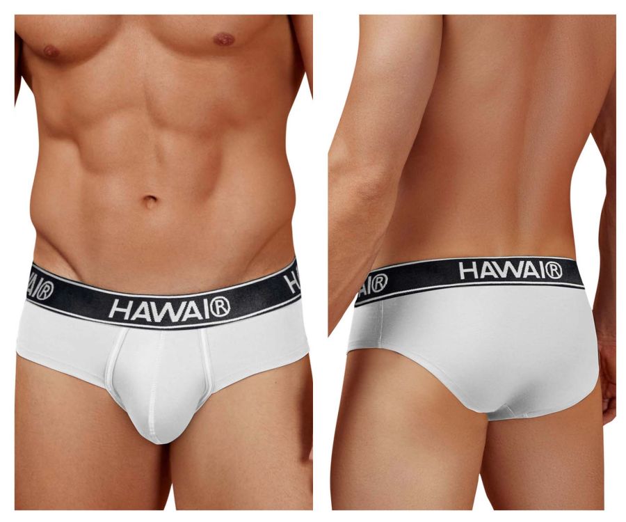 White havai cotton blend briefs with black elastic waistband featuring brand name in white lettering color white