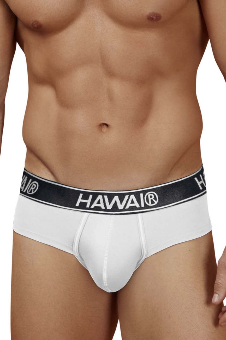 White hawai briefs with black elastic waistband featuring brand name in white cotton blend fabric color white