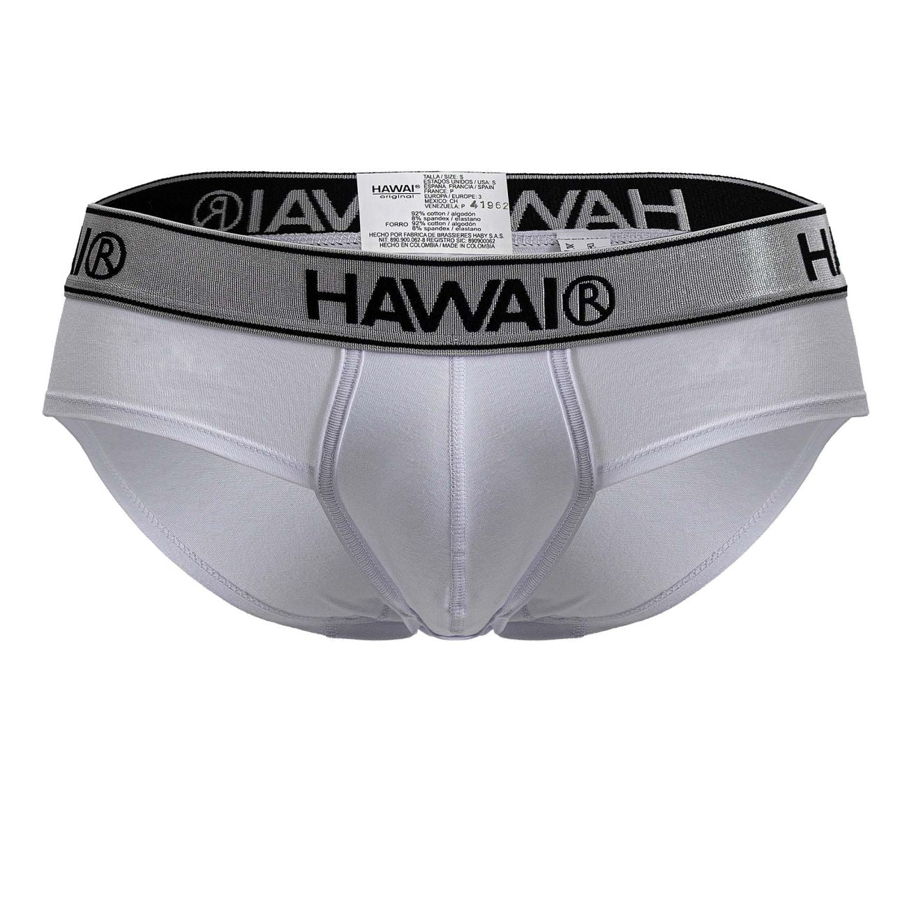 White hawai brand cotton blend briefs in white with silver and black elastic waistband front view