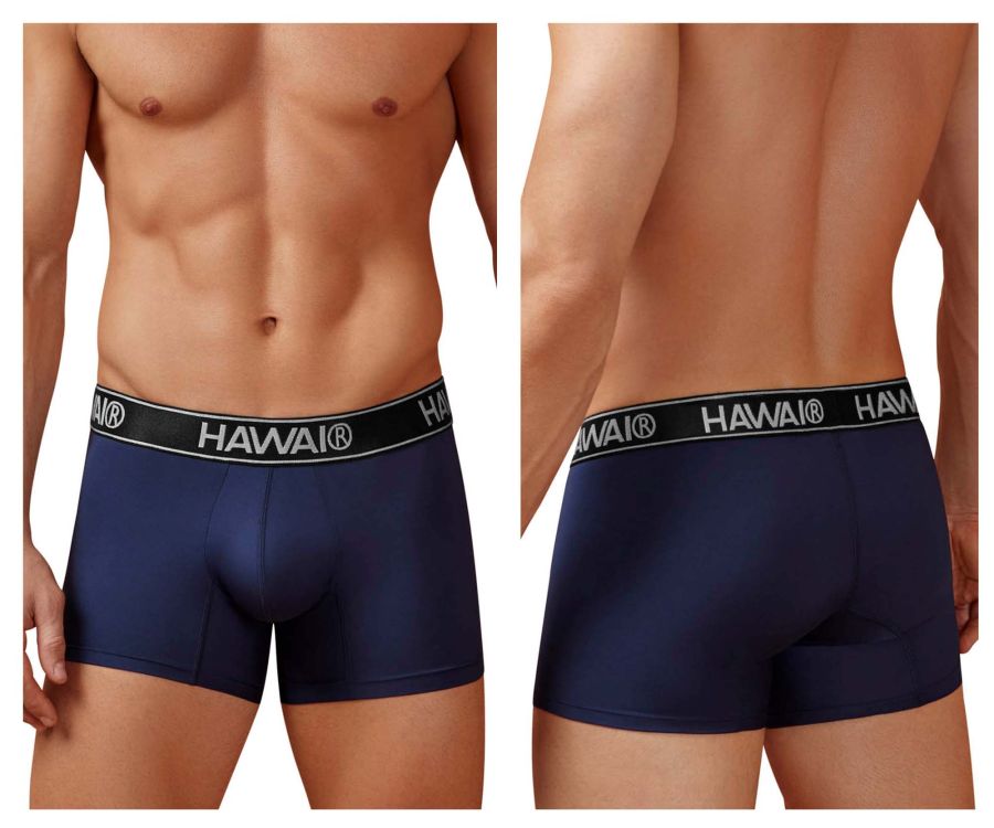 Navy blue Hawai 41977 microfiber men’s briefs with black elastic waistband featuring white lettering front view