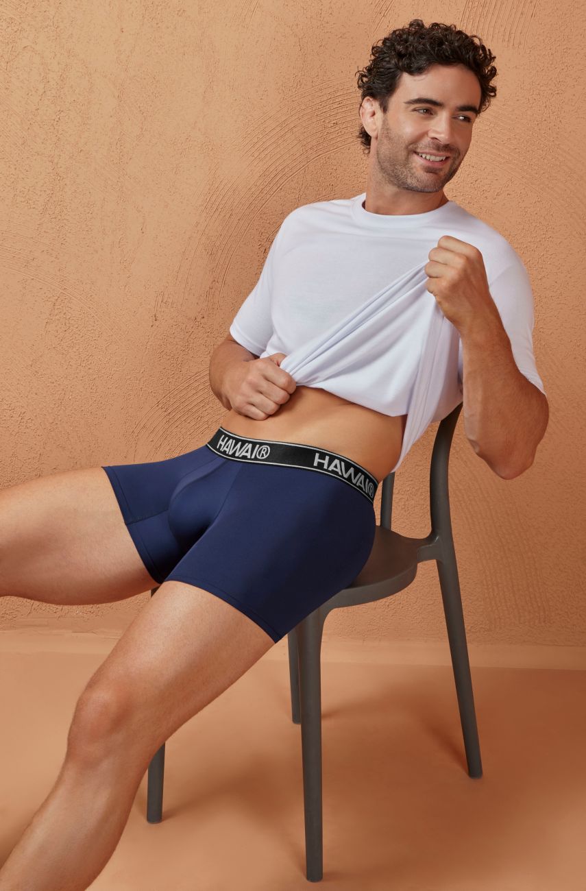 Navy blue hawaI 41977 microfiber boxer briefs with a black elastic waistband and white logo lettering