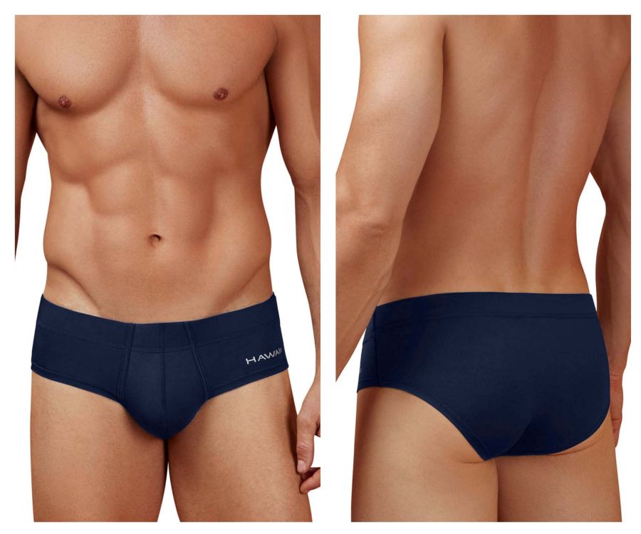 Navy blue microfiber men’s briefs with a subtle white Hawaii logo on the waistband for comfortable wear